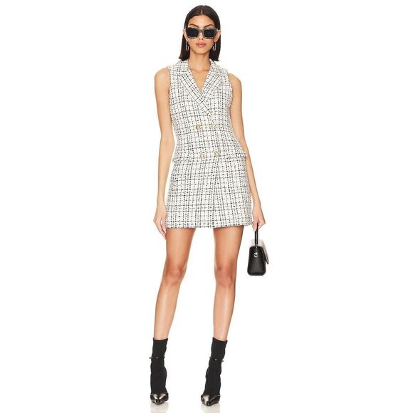 Alice + Olivia Jordy Double Breast Tweed Tuxedo Dress White Black Gold 6 - Picture 2 of 7